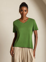 [Verde] SilkSilky-ES Short Sleeve V Neck Camisetas de Mujer 008