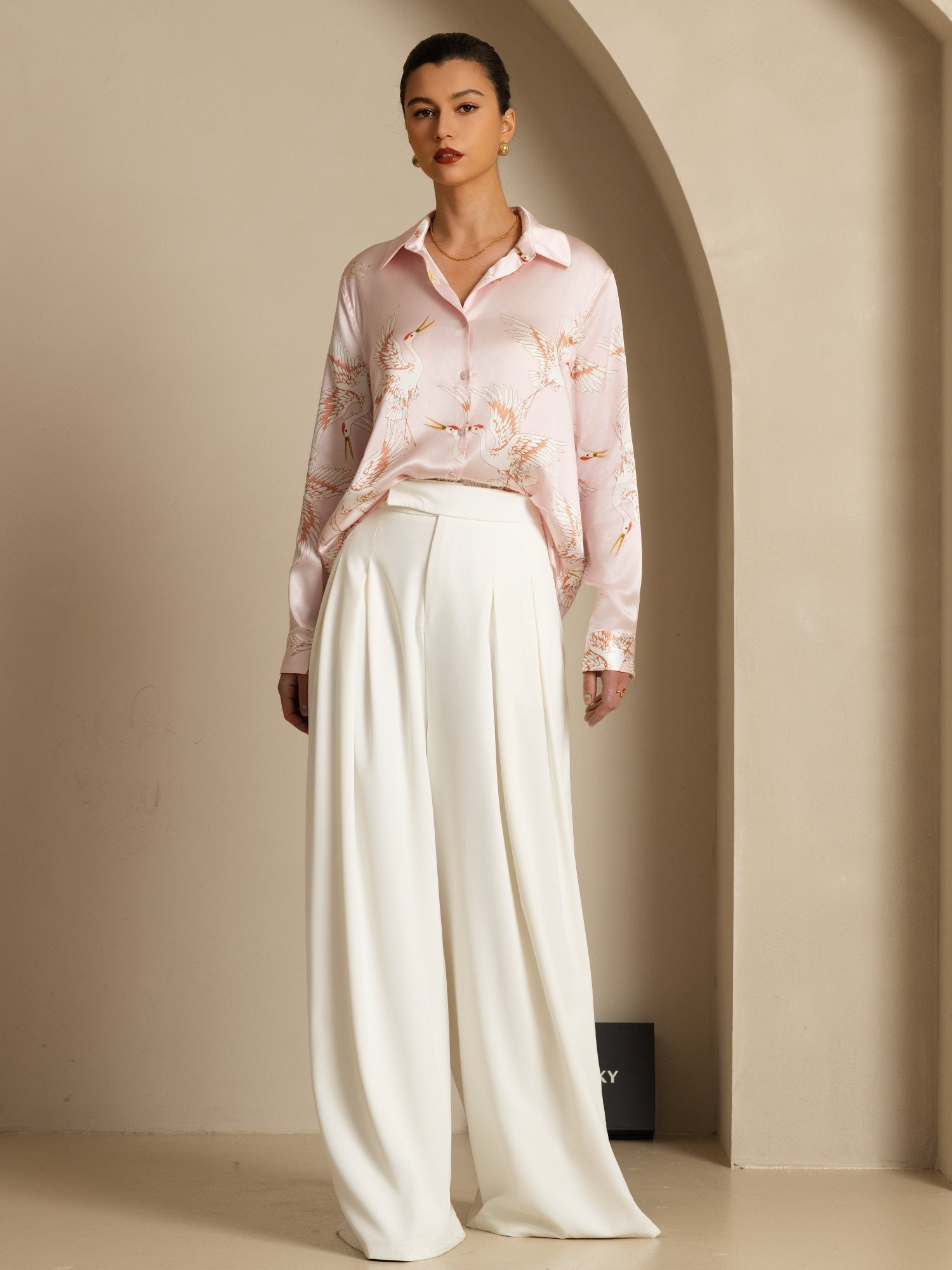 [Rosa] SilkSilky-ES 19Momme Manga larga Cuello con Solapa Blusas de Mujer 001