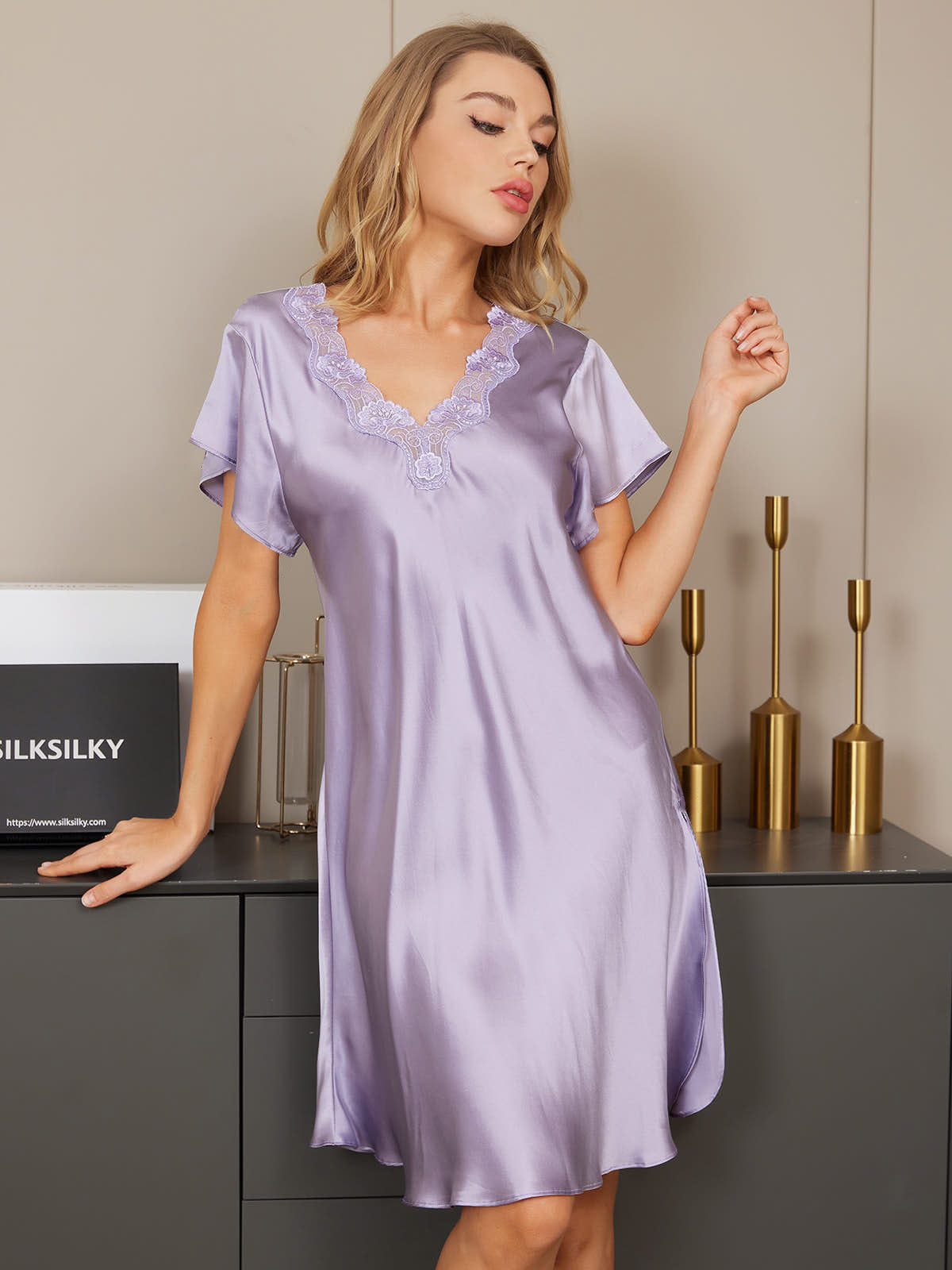 SilkSilky ES Seda Pura Manga corta Escote corazón Camisón Púrpura 010