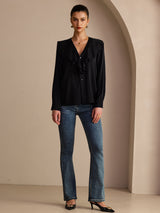 [Negro] SilkSilky-ES Long Sleeve Deep V Neck Blusas 006