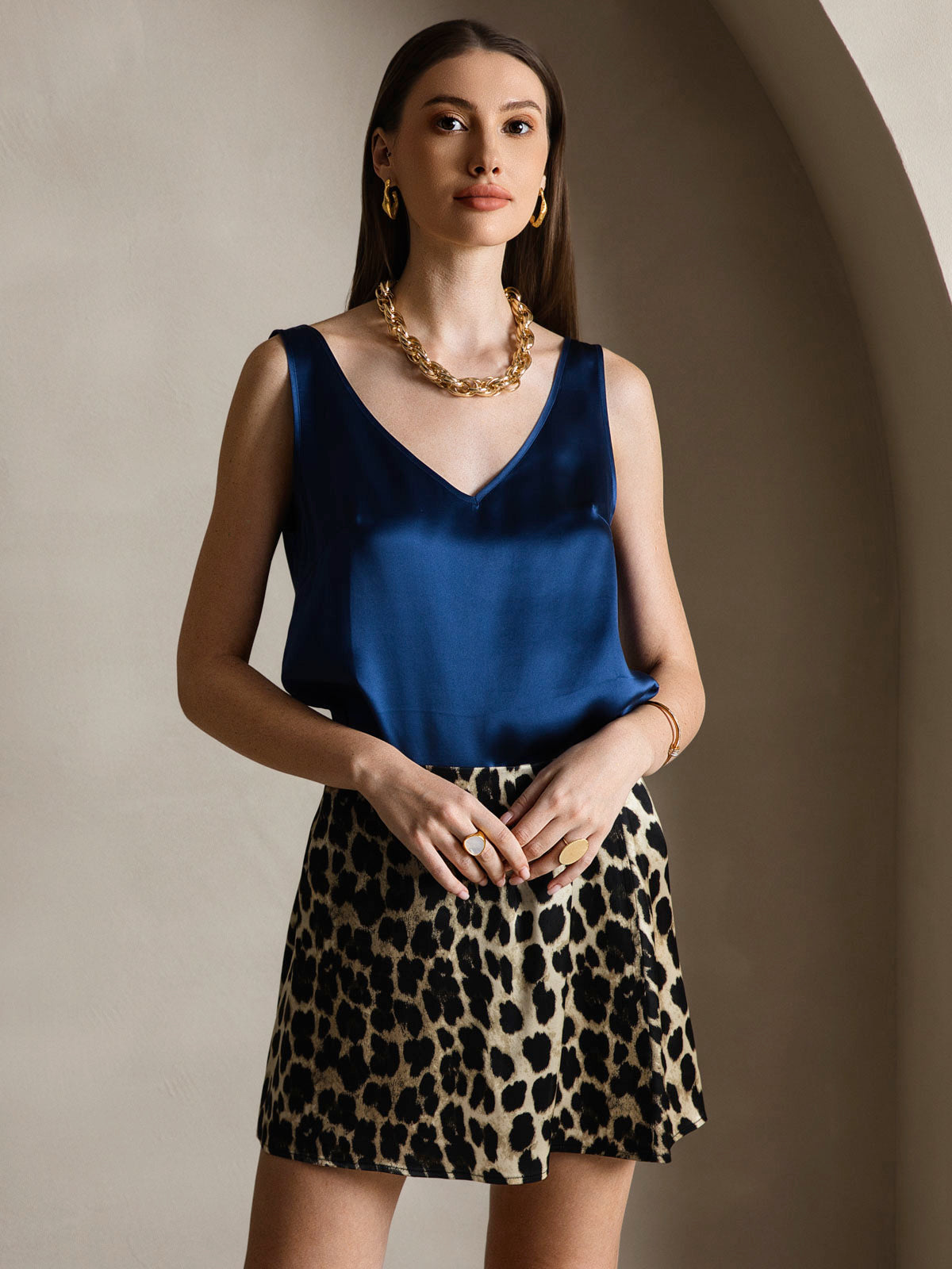 [Azul Oscuro] SilkSilky-ES 19Momme Seda Cuello en V Top de tirantes 001