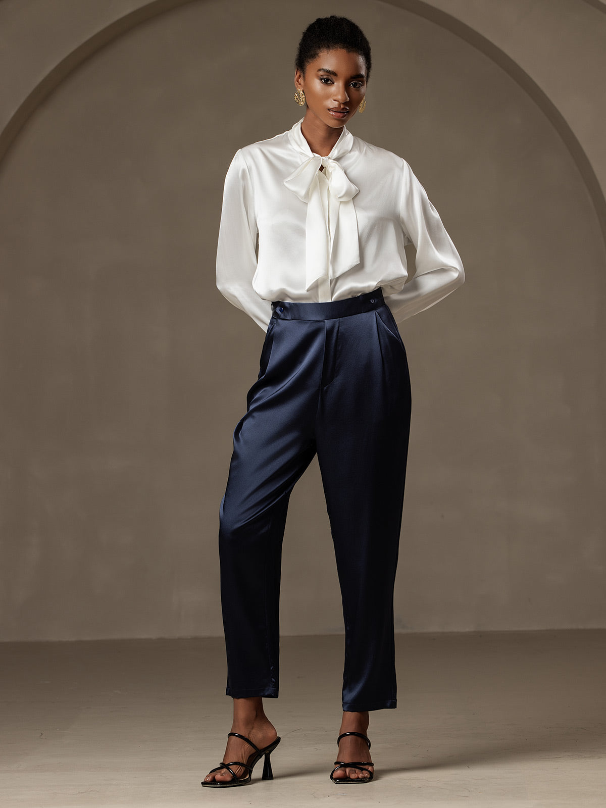 [Azul Oscuro] SilkSilky-ES 19Momme Seda Womens Pants 006