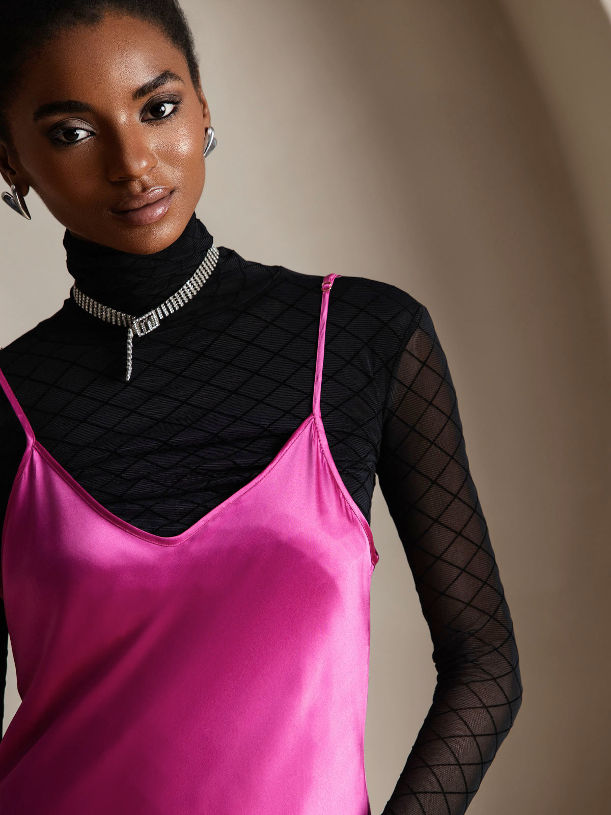 [Rosa Roja] SilkSilky-ES Spalline Sottili Cuello en V Vestido 003