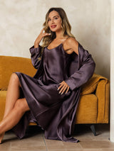 [Gris Púrpura] SilkSilky-ES Long Sleeve V Neck Conjunto de camisón y bata 006