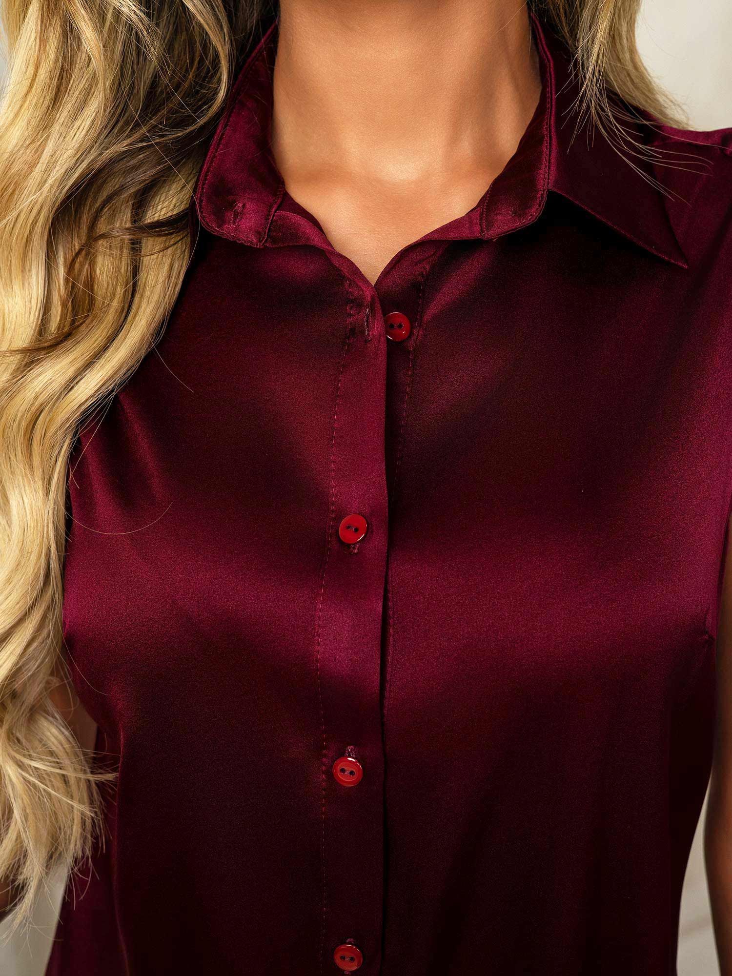 [Rojo Oscuro] SilkSilky-ES 19Momme Seda Lapel Collar Blusas de Mujer 007
