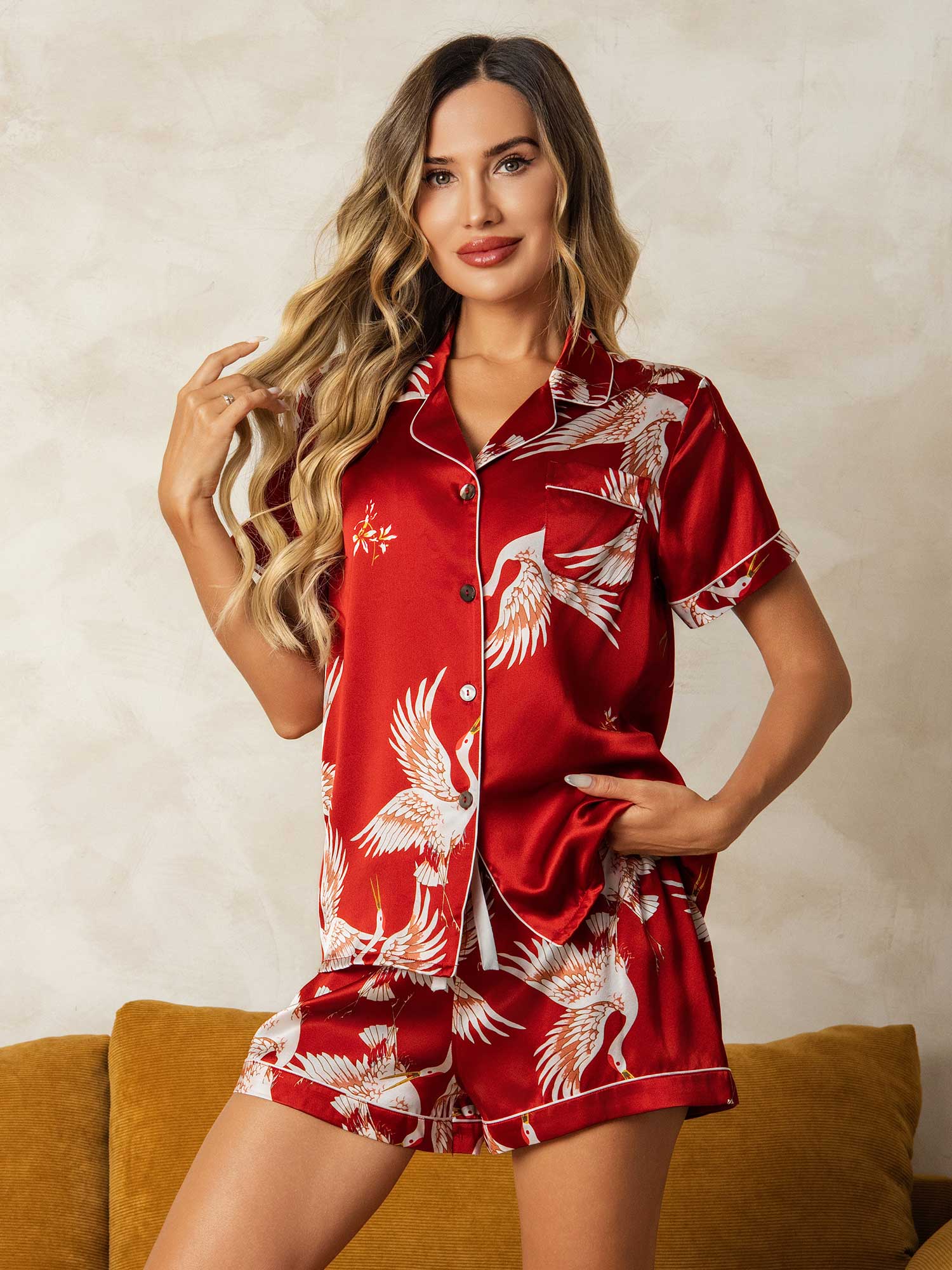 [Rojo Oscuro] SilkSilky-ES 19Momme Seda Pura Manga corta Womens Pajamas 003