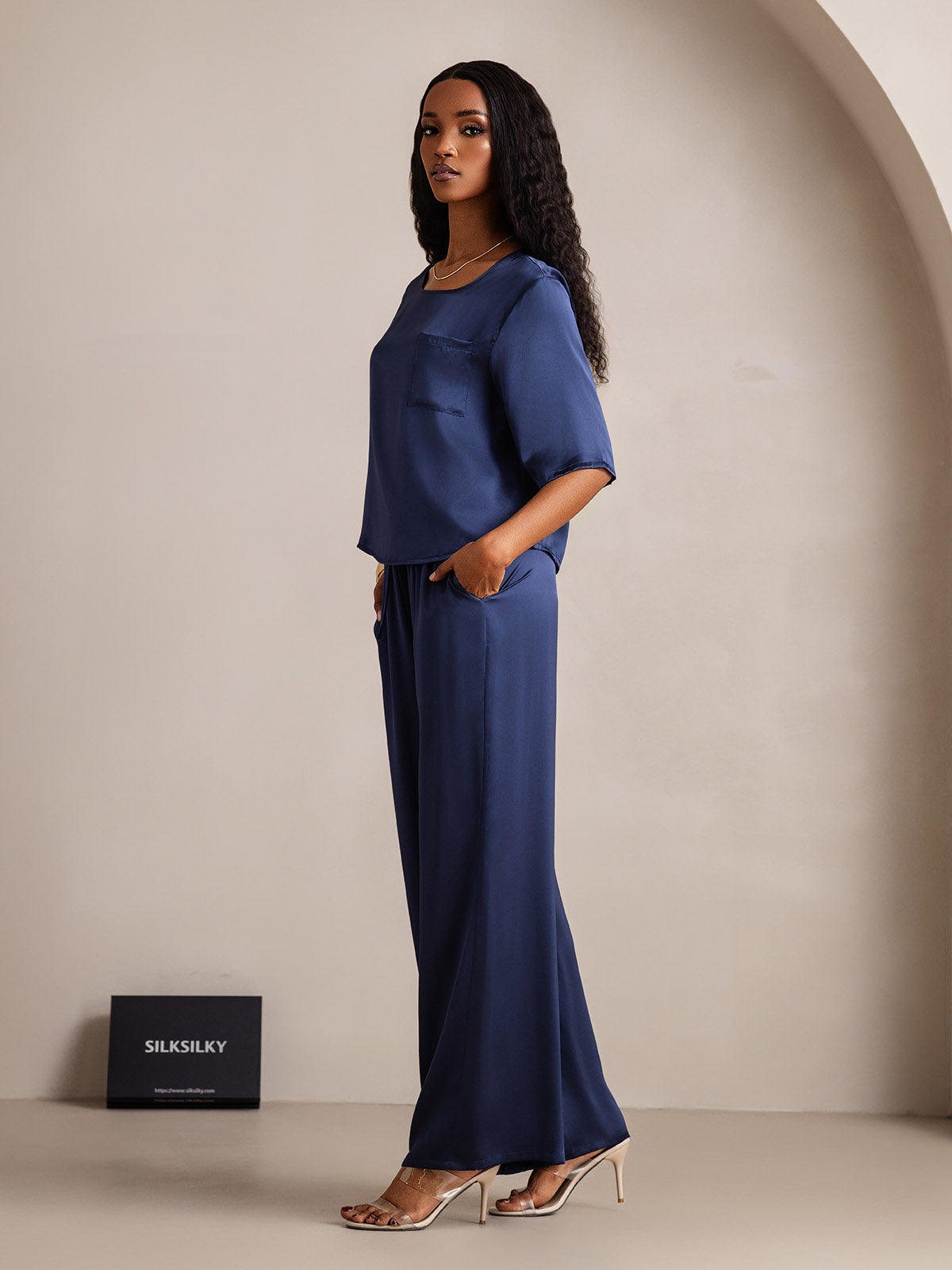 [Azul Oscuro] SilkSilky-ES Seda Pura Womens Pajamas 004,