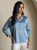 [Azul Grisáceo] SilkSilky-ES 3/4 Sleeve Lapel Collar Blusas de Mujer 003