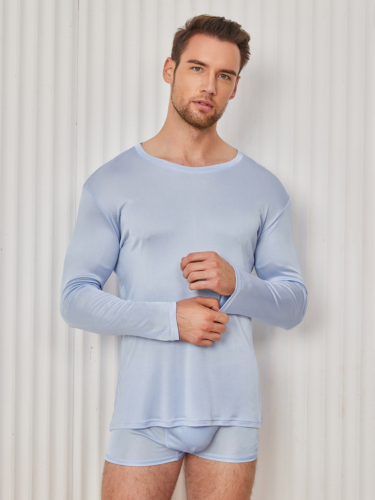 [Azul Claro] SilkSilky-ES Manga larga Cuello Redondo Camiseta de hombre 005