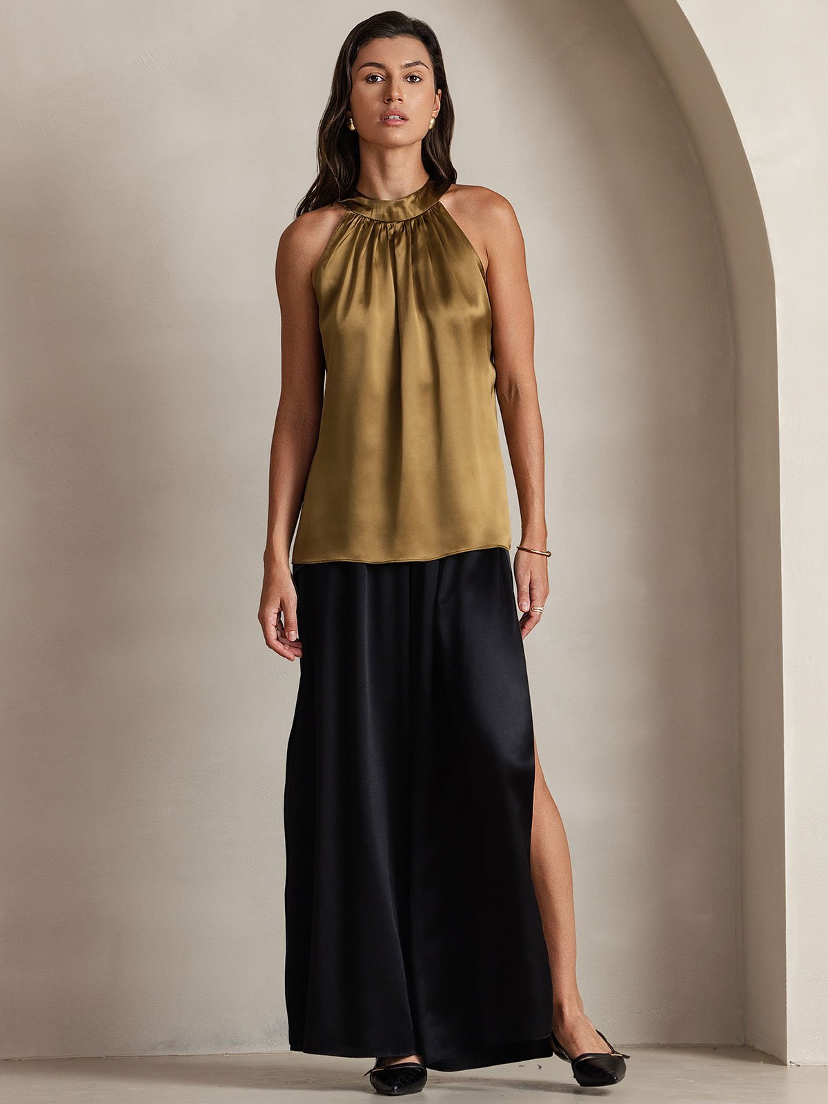 [Marrón] SilkSilky-ES 19Momme Seda Sin mangas Womens T-Shirt 003