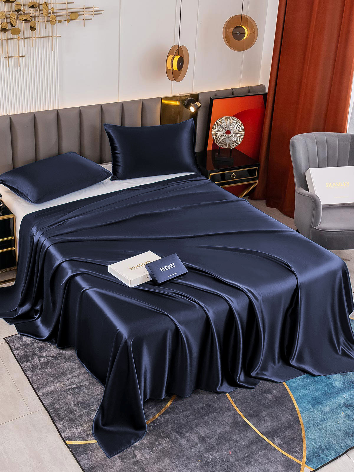 [Azul Oscuro] SilkSilky-ES 19Momme Seda Pura Bedding Set 001