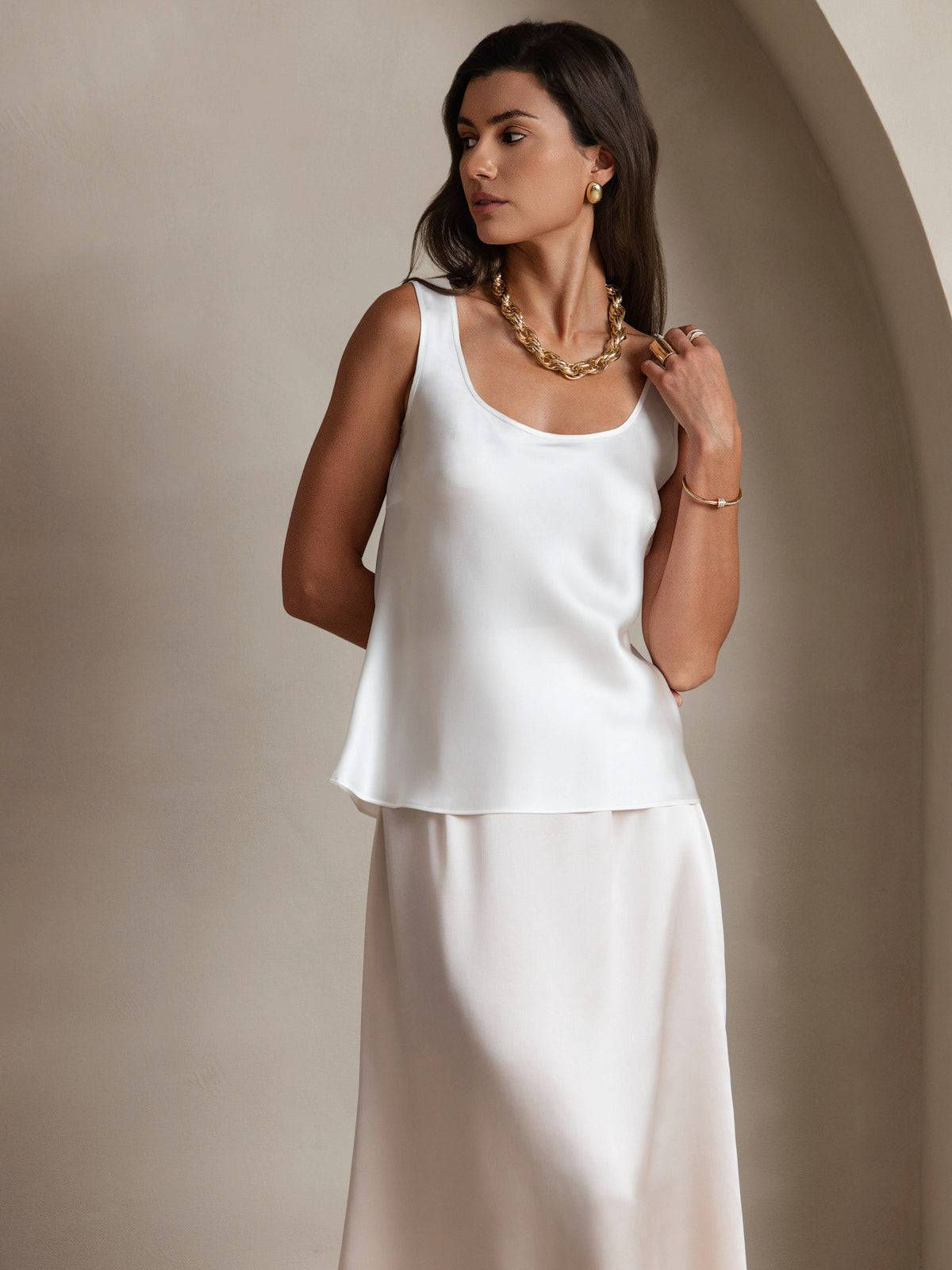 [Blanco] SilkSilky-ES 19Momme Seda Cuello en U Top de tirantes 003