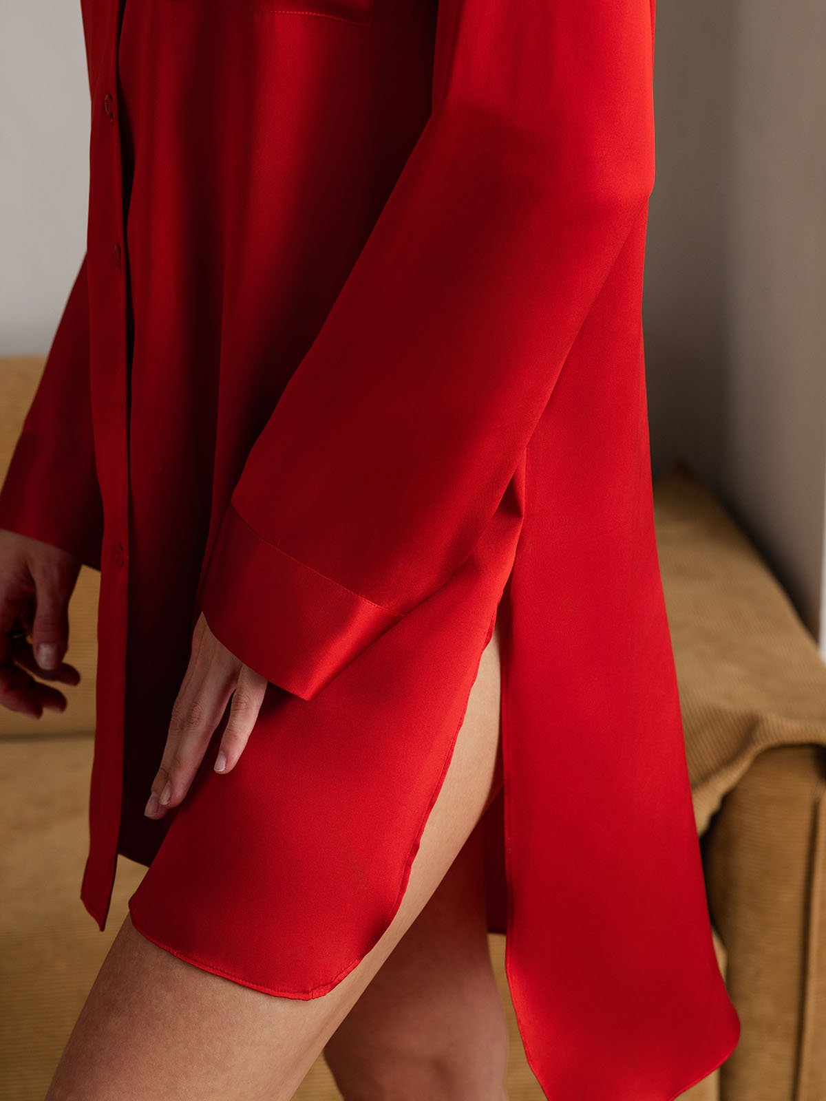 [Rojo] SilkSilky-ES Seda Pura Cuello Camisero Camisón 005