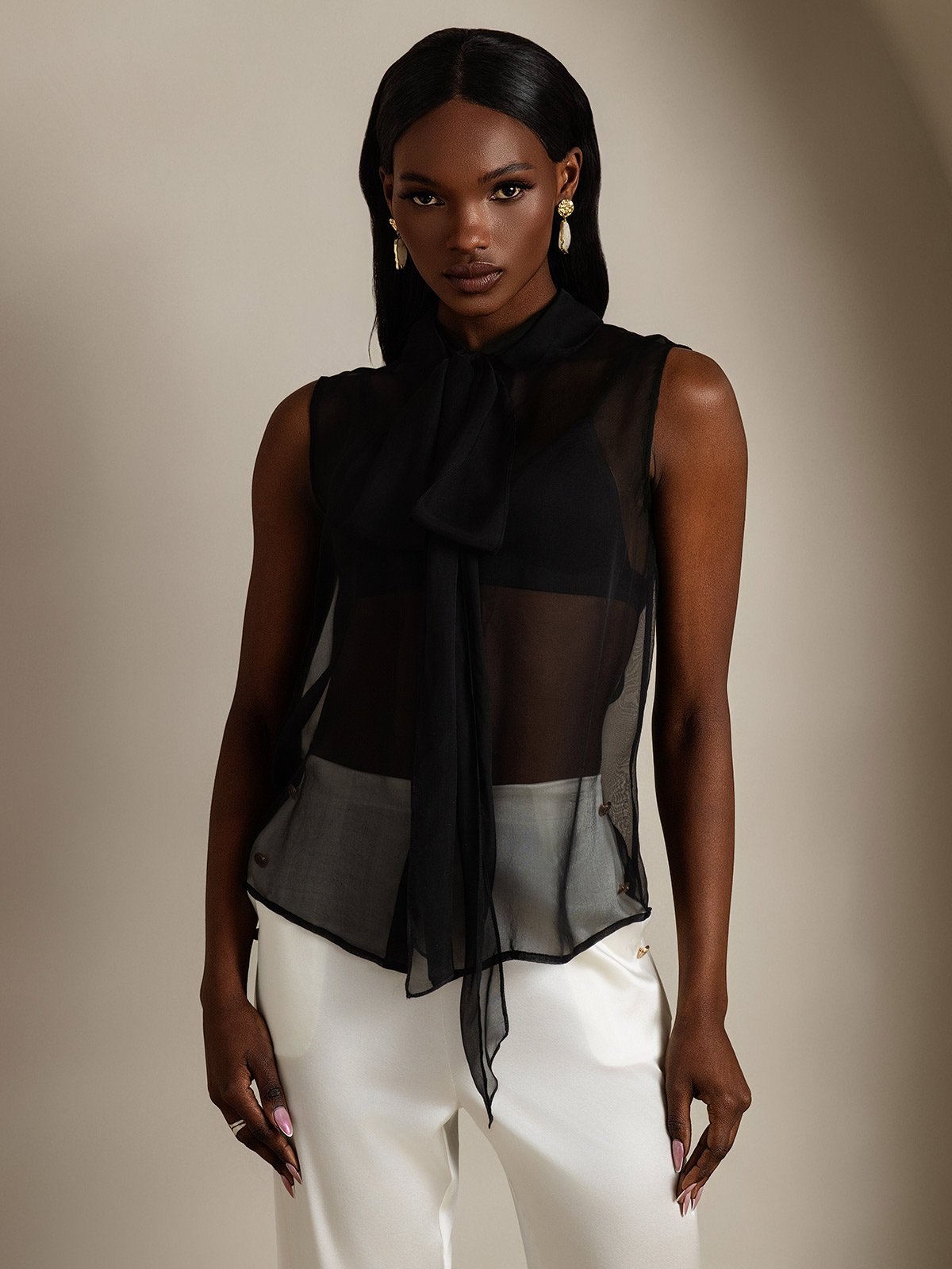 SilkSilky-ES Seda Pura Sin mangas Corbata Blusas de Mujer Negro 005