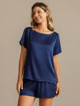 [Azul Oscuro] SilkSilky-ES 19Momme Manga corta Cuello Redondo Pijamas de mujer 007