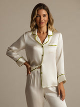 [Blanco] SilkSilky-ES Long Sleeve Lapel Collar Pijamas de mujer 003