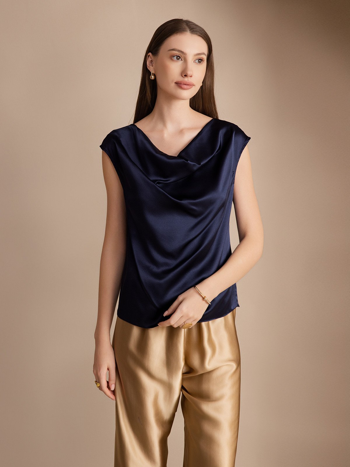 [Azul Oscuro] SilkSilky-ES 19Momme Seda Escote Caído Camisetas de Mujer 001