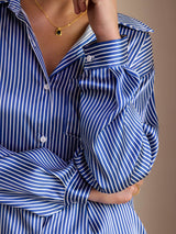 [Raya Diplomática Azul] SilkSilky-ES Long Sleeve Lapel Collar Blusas de Mujer 006