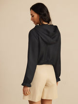 [Negro] SilkSilky-ES 18Momme Manga larga Cuello Alto Chaqueta de mujer 002