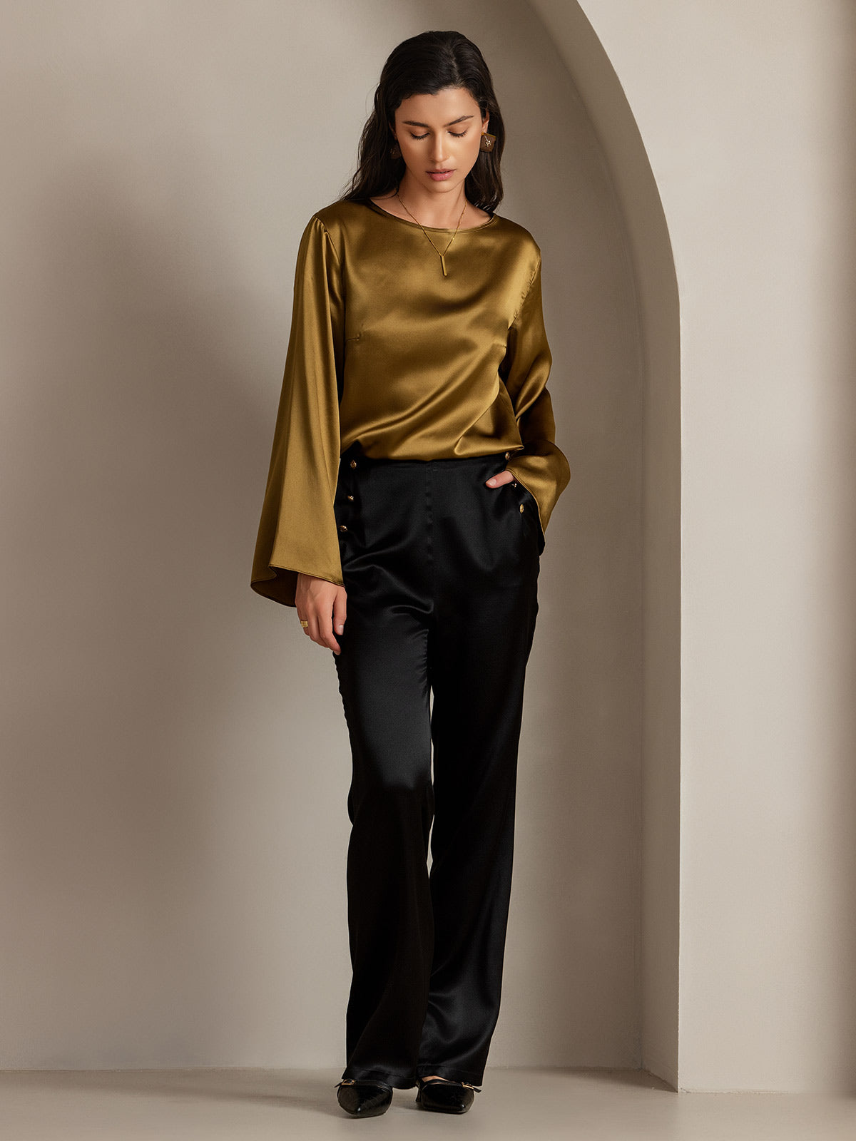 [Negro] SilkSilky-ES 19Momme Seda Womens Pants 007