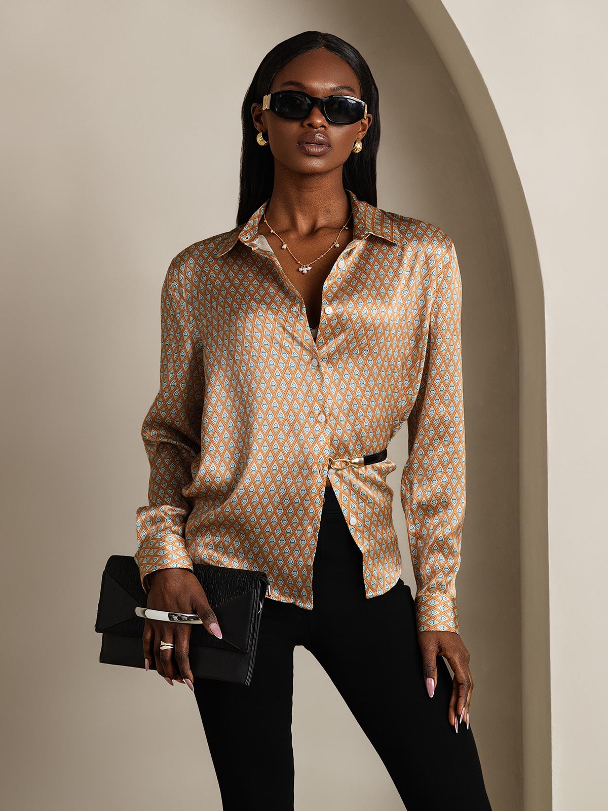 [Floral] SilkSilky-ES Seda Lapel Collar Blusas de Mujer 001