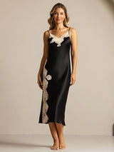 [Negro] SilkSilky-ES Spaghetti Strap V Neck Camisón 003