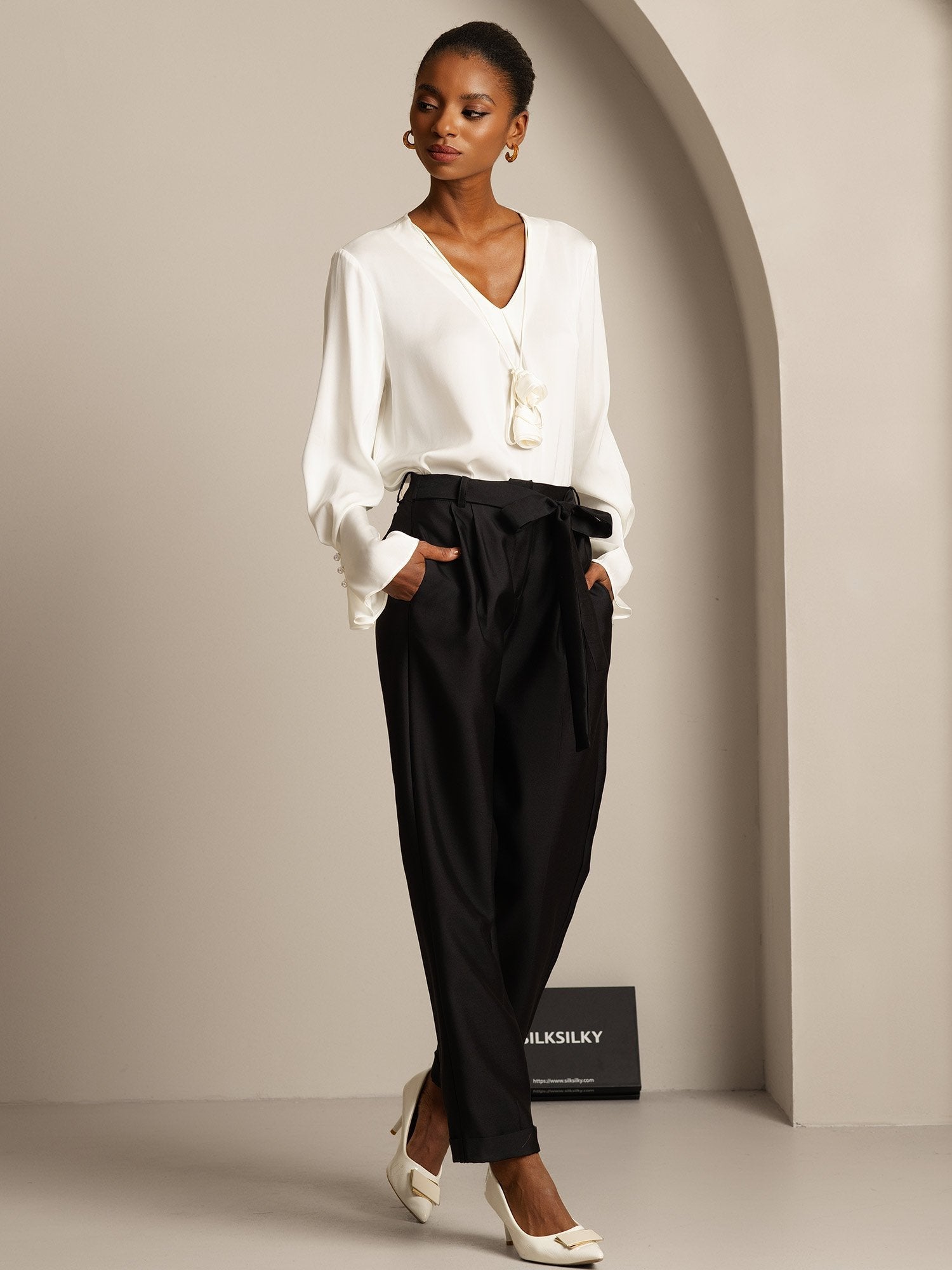 [Negro] SilkSilky-ES 32Momme Silk-Wool Blend Womens Pants 005,