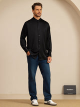 [Negro] SilkSilky-ES Long Sleeve Stand Collar Camisa de hombre 008