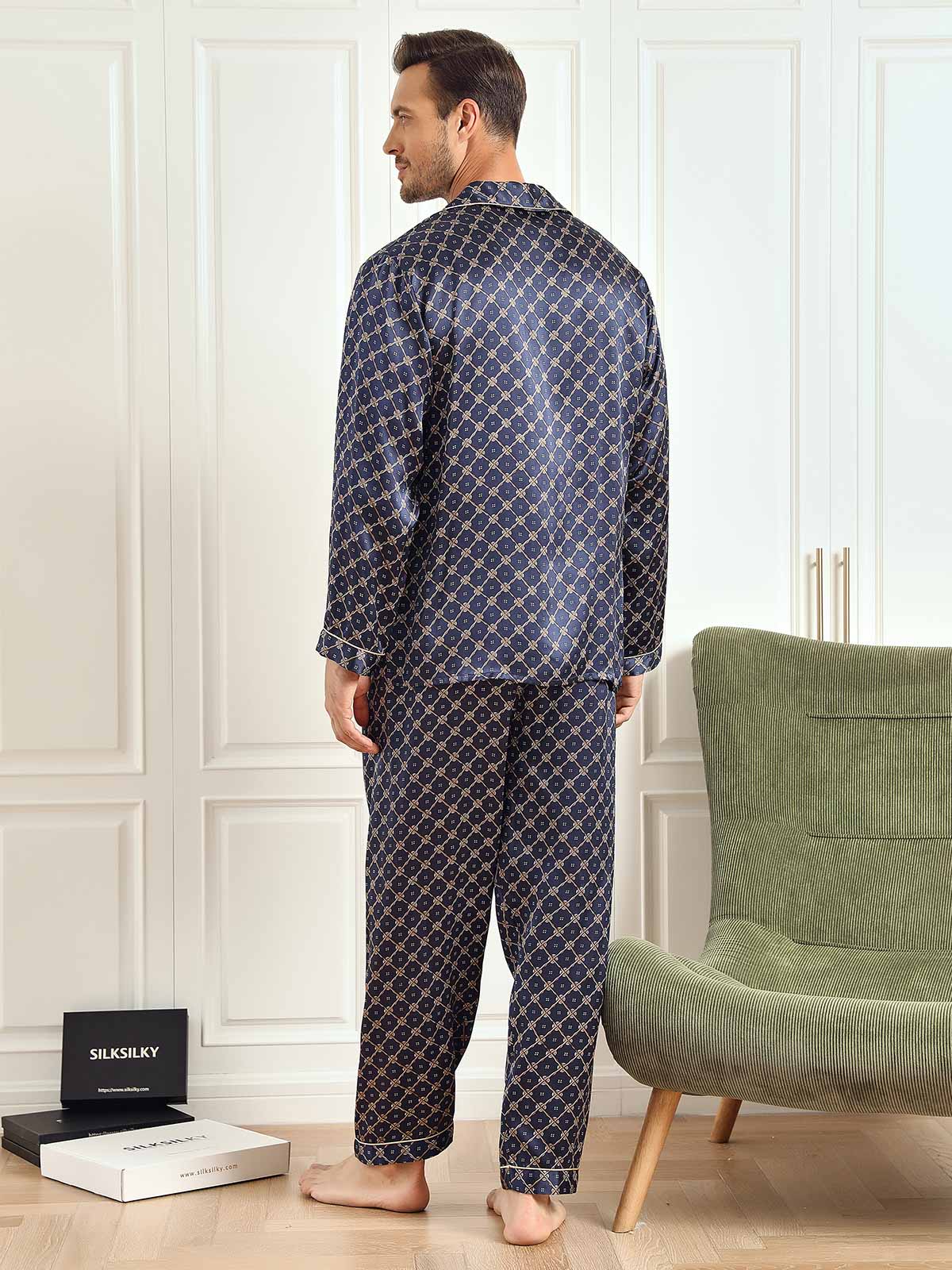[Cadena Azul Marino] SilkSilky-ES 19Momme Seda Pura Mens Pajamas 003