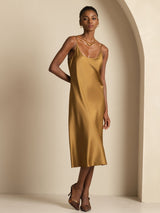 [Marrón] SilkSilky-ES Spaghetti Strap Cuello en U Vestido 001
