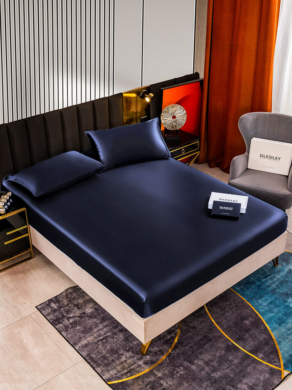 [Azul Oscuro] SilkSilky-ES 22Momme Seda Pura Bedding Set 002