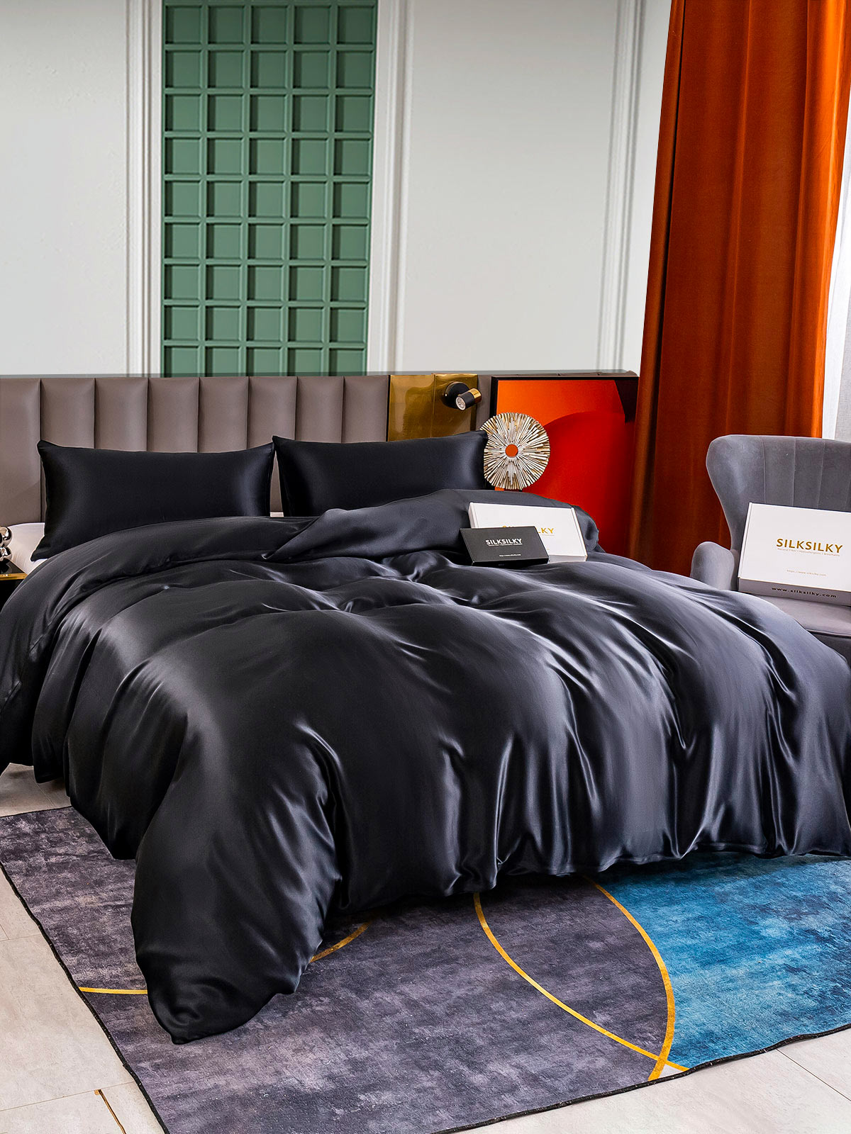 [Negro] SilkSilky-ES 25Momme Seda Pura Bedding Set 003