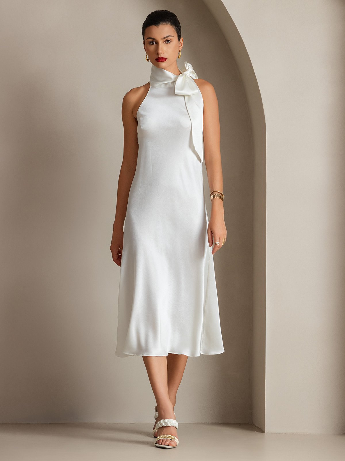 [Blanco] SilkSilky-ES 19Momme Seda Sin mangas Corbata Vestido 007