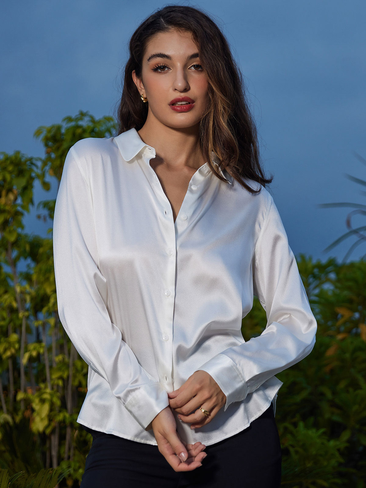 [Blanco] SilkSilky-ES Seda Lapel Collar Blusas de Mujer 004