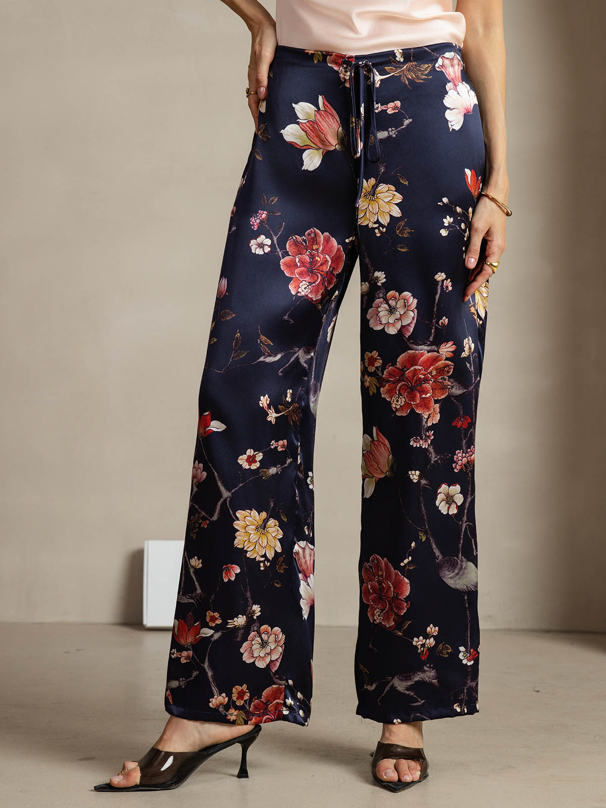 [Floral Azul Marino] SilkSilky-ES 19Momme Seda Womens Pants 001
