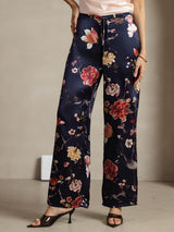 [Floral Azul Marino] SilkSilky-ES 19Momme Seda Womens Pants 001