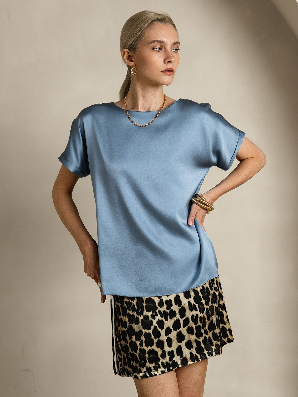 [Azul Grisáceo] SilkSilky-ES 19Momme Manga corta Cuello Barco Camisetas de Mujer 004