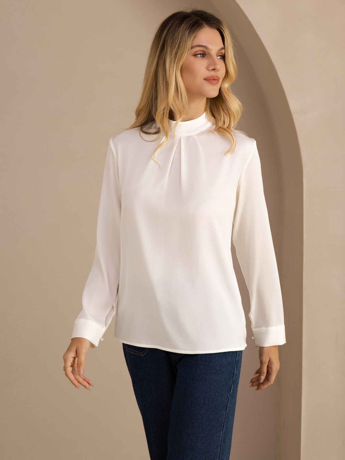 [Blanco] SilkSilky-ES Long Sleeve Stand Collar Blusas 001