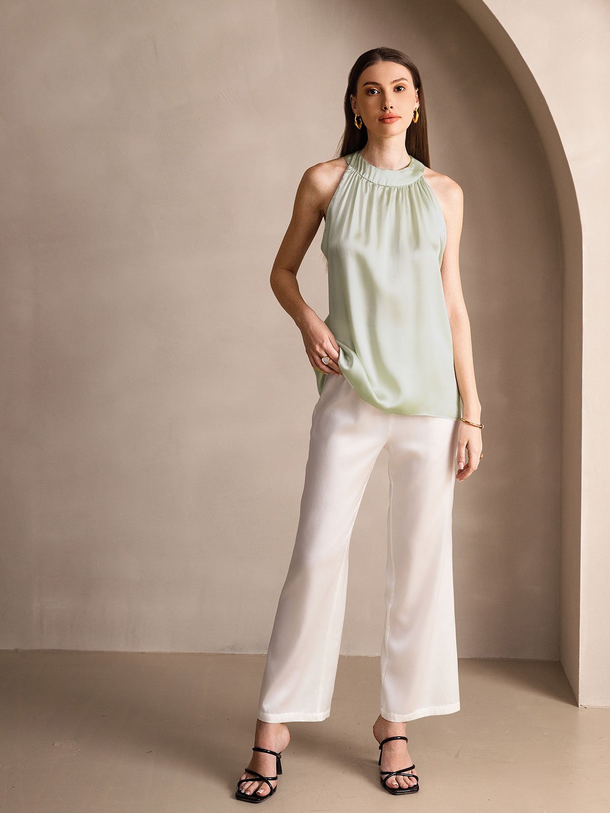 [Verde Claro] SilkSilky-ES 19Momme Seda Sin mangas Womens T-Shirt 005