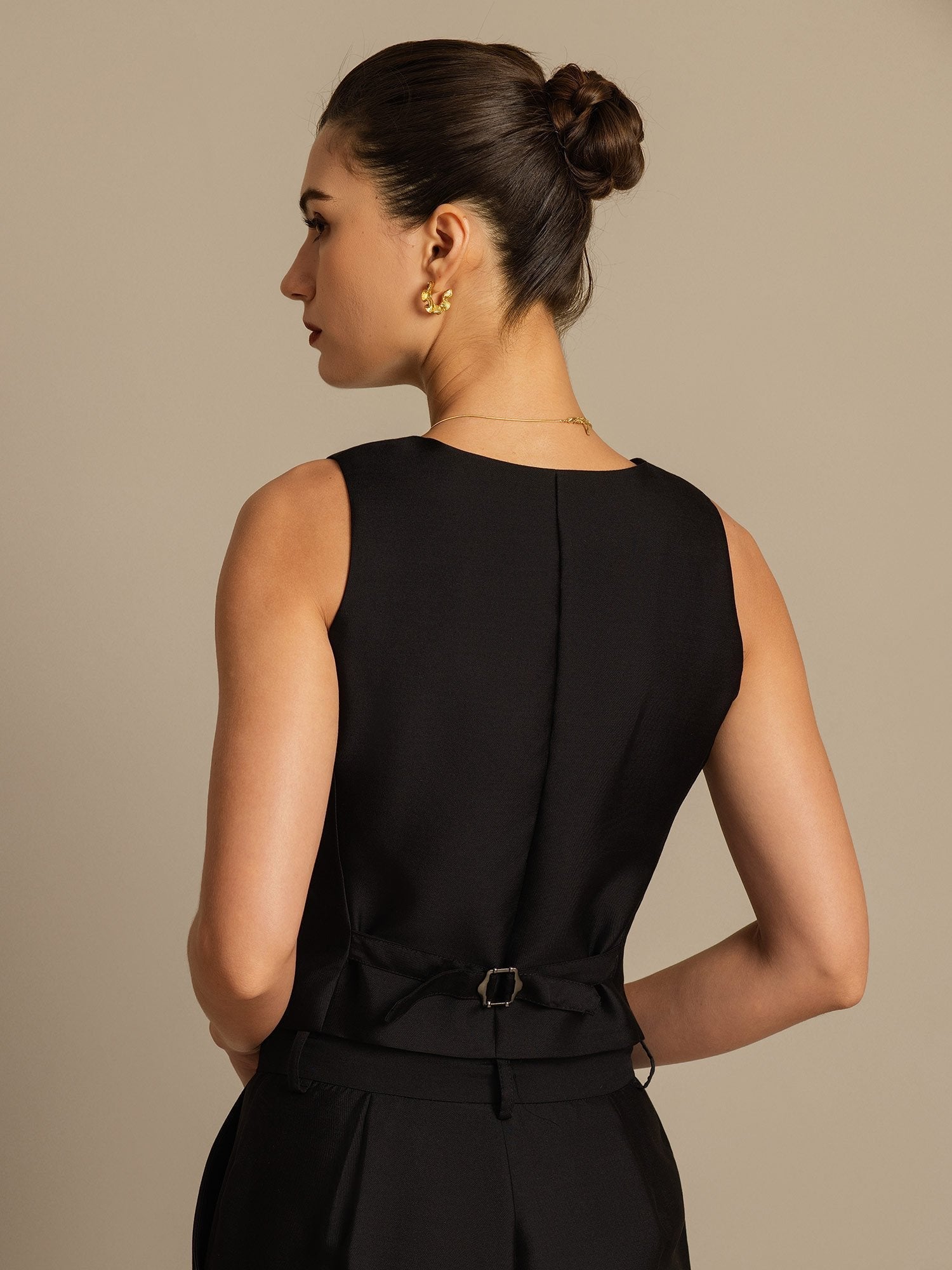 [Negro] SilkSilky-ES 32Momme Silk-Wool Blend Cuello en V Chaleco Mujer 005,