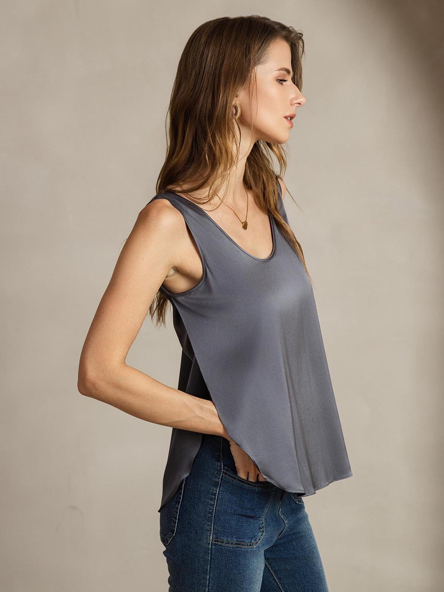 [GrisOscuro] SilkSilky-ES 19Momme Seda Cuello en U Camisetas de Mujer 004