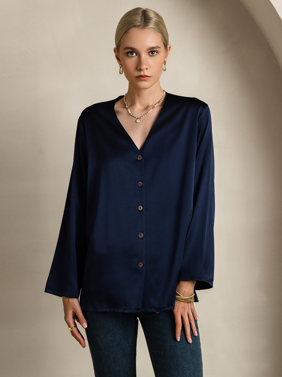 SilkSilky-ES 19Momme Seda Manga larga Cuello en V Blusas de Mujer AzulOscuro 003