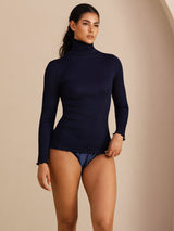 [Azul Oscuro] SilkSilky-ES Long Sleeve Turtle Neck Camisetas de Mujer 004