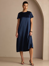 [Azul Oscuro] SilkSilky-ES Short Sleeve Round Neck Vestido 003