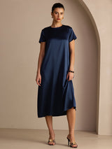 [Azul Oscuro] SilkSilky-ES Short Sleeve Crew Neck Vestido 003