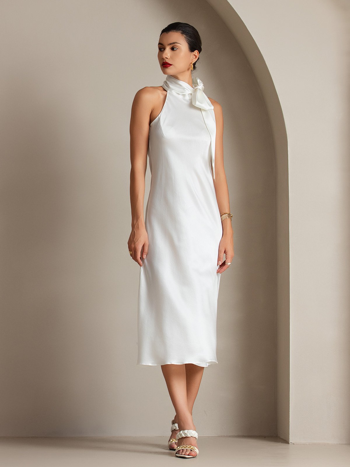 [Blanco] SilkSilky-ES 19Momme Seda Sin mangas Corbata Vestido 008