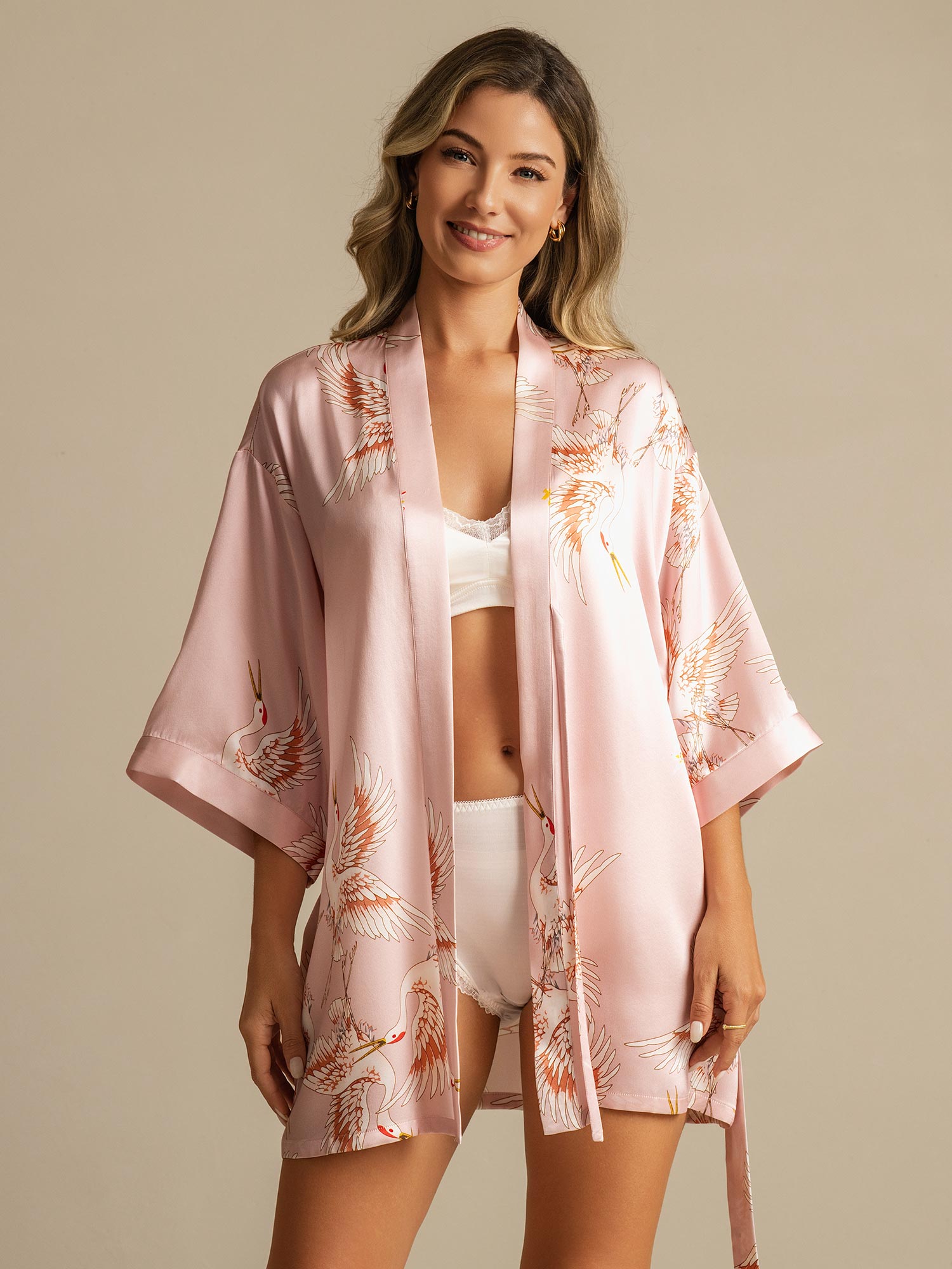 [Rosa] SilkSilky-ES Seda Pura Cuello en V Bata de mujer 001
