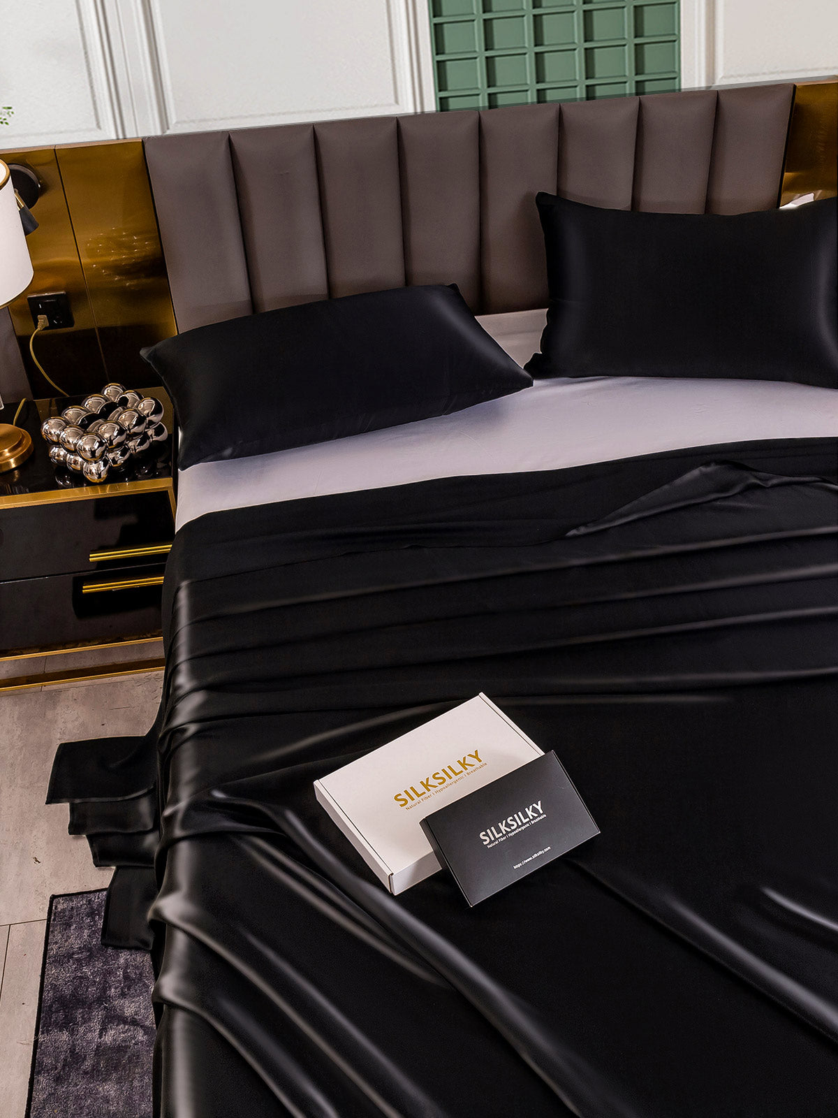 [Negro] SilkSilky-ES 25Momme Seda Pura Bedding Set 005