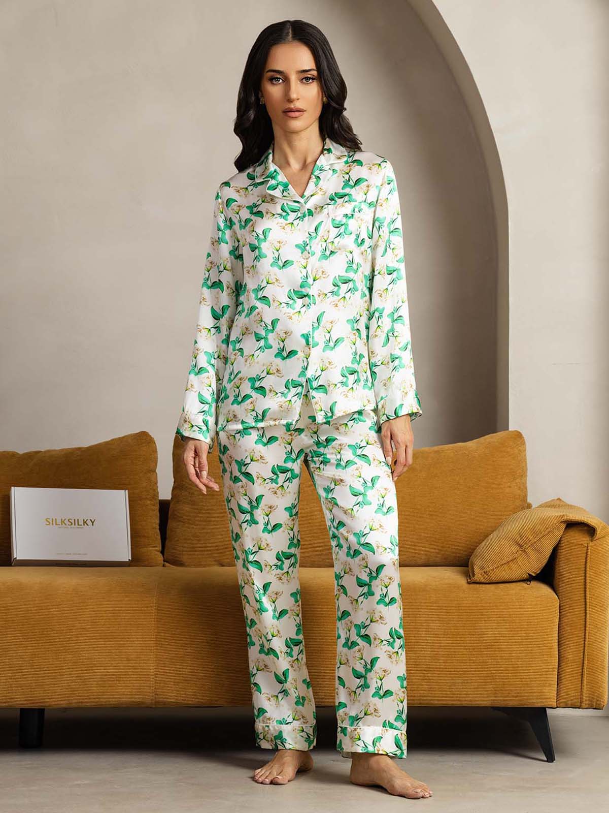 [Floral Verde] SilkSilky-ES Seda Pura Womens Pajamas 001