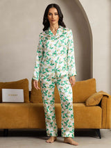 [Floral Verde] SilkSilky-ES Seda Pura Womens Pajamas 002,